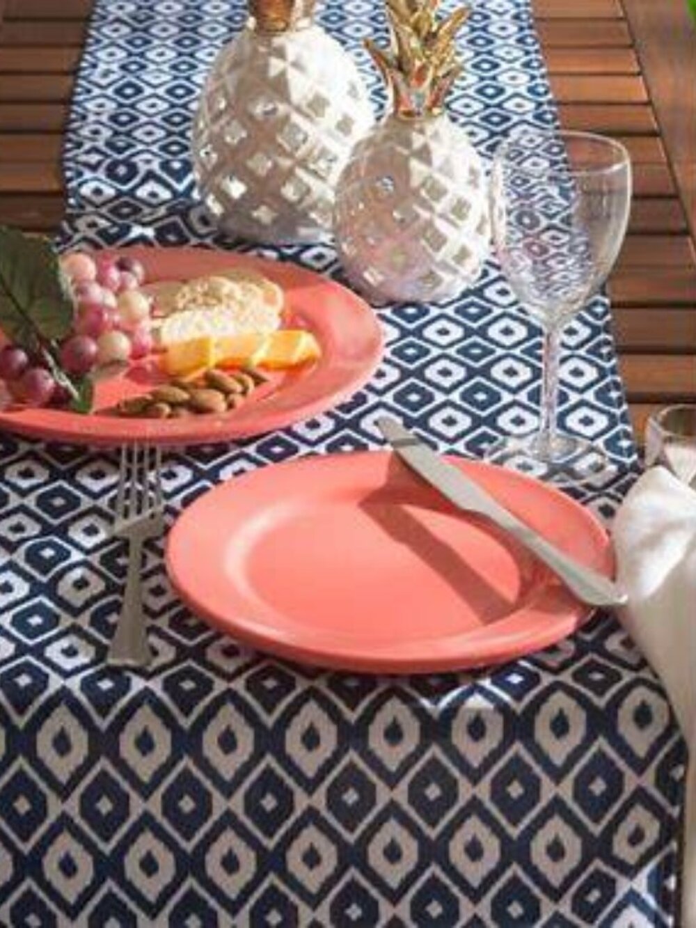 DII Blue Ikat Outdoor Table Runner 14x72 Spill Resistant NWT